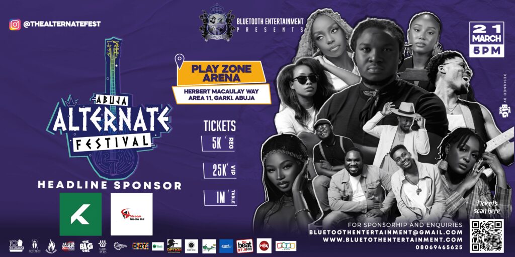 A vertical promotional flyer for the 'Abuja Alternate Festival', presented by Bluetooth Entertainment. The left side is solid purple, while the right side features a collage of twelve diverse musicians against a black and grey background. The bottom has a retro, newsprint texture with a small guitar. The 'Bluetooth Entertainment Presents' crest logo is at the top left. The main title, 'ABUJA ALTERNATE FESTIVAL', is in a bold, stylized white and green font. Below this, a white banner holds the '21 MARCH' and '5 PM' details, with the official festival logo below that. The flyer provides extensive event details: Top Center: A black section with white text outlines 'PERFORMANCES' (Artist list) and 'CLUB HOUSE SESSIONS' (DJs list). Bottom Left: Red and white text highlights the date 'FRIDAY 21ST MARCH' and '5 PM', with 'PLAY ZONE ARENA' as the venue, located at 'HERBERT MACAULAY WAY AREA 11, GARKI, ABUJA'. It specifies 'FREE ENTRY FOR CLUB SESSION'. Bottom Right: Text shows 'TICKETS' with prices of '5K' (REG), '25K' (VIP), and '1M' (TABLE). A large QR code with text 'TICKETS scan here' is in the far right. Contact information includes 'bluetoothentertainment@gmail.com', '08069465625', '09012345678', and '@thealternatefest' on Instagram. Numerous sponsor logos, including Fillbags, Elyton, The Grill House, Urban Radio, The Big One, Urban Vibes, DOT, option, Cafe One, Wazobia FM, Cool FM, and The Beat 97.9 FM, are displayed at the bottom.