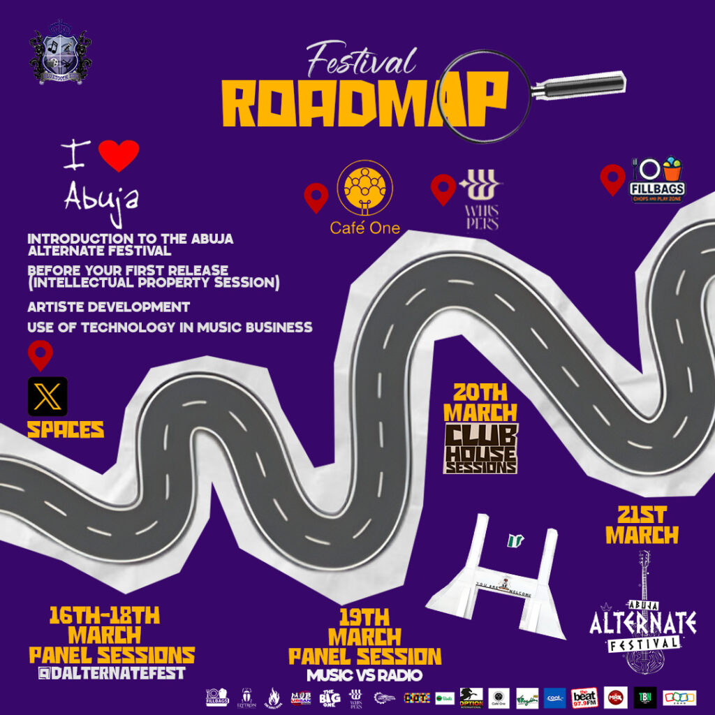 A vertical promotional infographic on a solid purple background for the 'Abuja Alternate Festival'. The top-left corner features the 'Bluetooth Entertainment Presents' crest logo. Center-top reads 'Festival ROADMAP' in bold, 3D yellow text, partially under a magnifying glass. The graphic features a prominent white winding road path with lane markings. The roadmap schedule details include: Left Side (Pre-Festival): Text says 'I ❤️ Abuja'. Below this are the topics: 'INTRODUCTION TO THE ABUJA ALTERNATE FESTIVAL', 'BEFORE YOUR FIRST RELEASE (INTELLECTUAL PROPERTY SESSION)', 'ARTISTE DEVELOPMENT', 'USE OF TECHNOLOGY IN MUSIC BUSINESS'. At the bottom-left, text reads '16TH-18TH MARCH PANEL SESSIONS' and '@DALTERNATEFEST', with a map pin for 'X SPACES'. Right Side (Live Events): Three red location pins on the road point to 'Café One' (orange circle logo), 'WHISPERS' (stylized 'W' logo), and 'FILLBAGS CHOPS AND PLAY ZONE' (logo with a fork). The schedule shows '19TH MARCH PANEL SESSION' below 'Music VS Radio' text. Below that, a stylized 2D Abuja City Gate icon with the Nigerian flag. Text to the right says '20TH MARCH CLUB HOUSE SESSIONS'. At the very bottom-right, text says '21ST MARCH' with the official 'ABUJA ALTERNATE FESTIVAL' logo featuring a guitar and a stylized sun. The bottom-center of the graphic displays a horizontal line of numerous sponsor and media logos, including Fillbags, Elyton, The Grill House, Urban Radio, The Big One, Urban Vibes, DOT, option, Cafe One, Wazobia FM, Cool FM, The Beat 97.9 FM, Max FM, TBN, and Urban Radio.