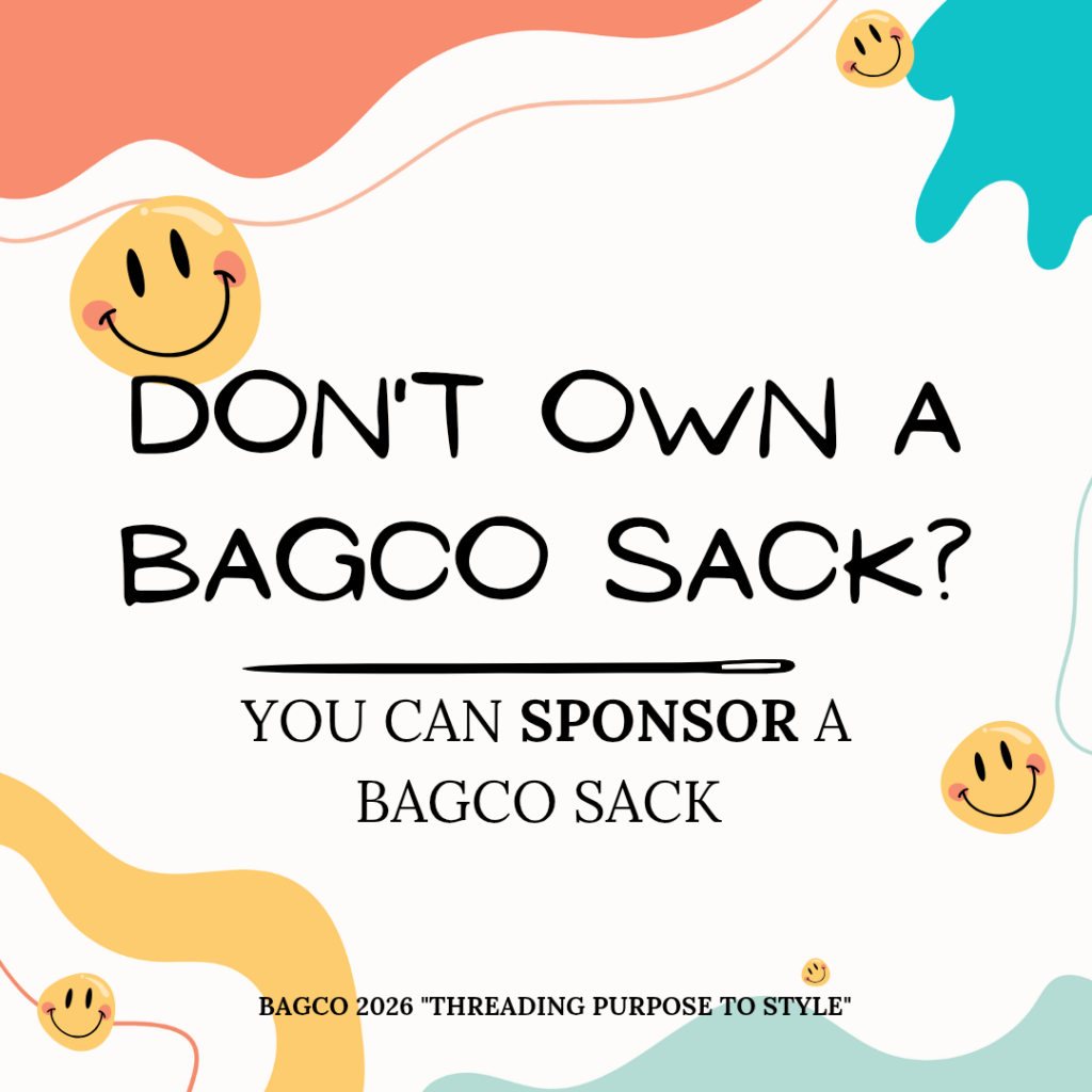 A friendly invitation graphic titled "Don't Own a BagCo Sack? You Can Sponsor a BagCo Sack" featuring a white background with colorful smiley face illustrations and abstract shapes.