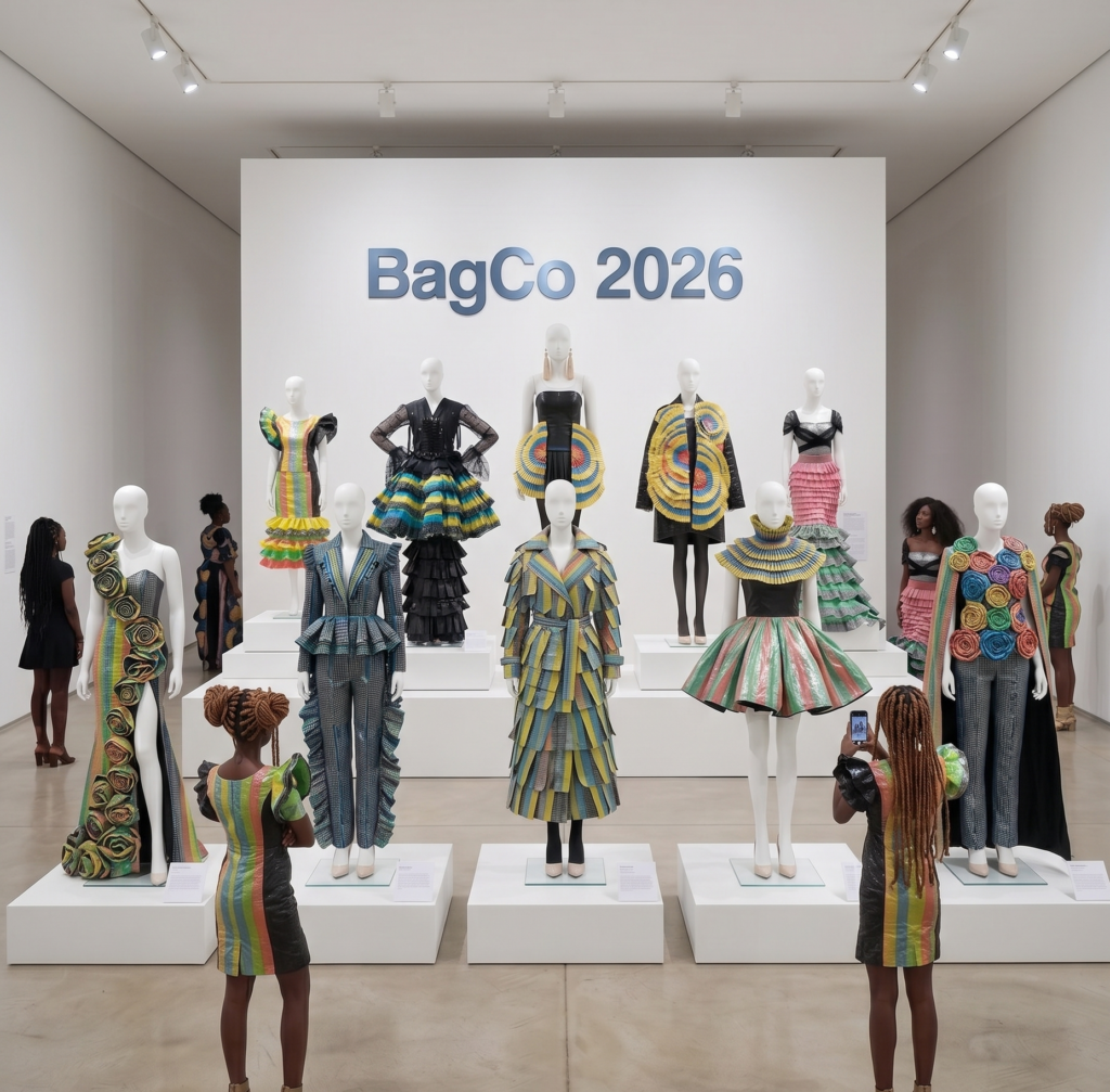 A gallery exhibition display of the BagCo Project 2026, featuring mannequins wearing avant-garde sculptural garments made from upcycled industrial polypropylene sacks, with attendees observing the fashion-art installation.