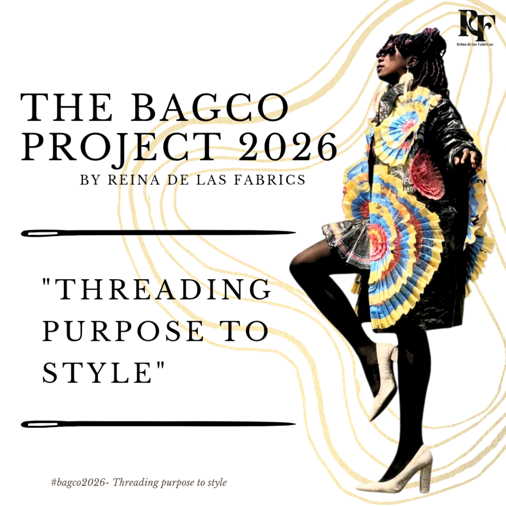 Promotional graphic for The BagCo Project 2026 by Reina_de_las_fabricas, featuring a model in an avant-garde garment made from upcycled industrial polypropylene sacks with the text 'Threading Purpose to Style'