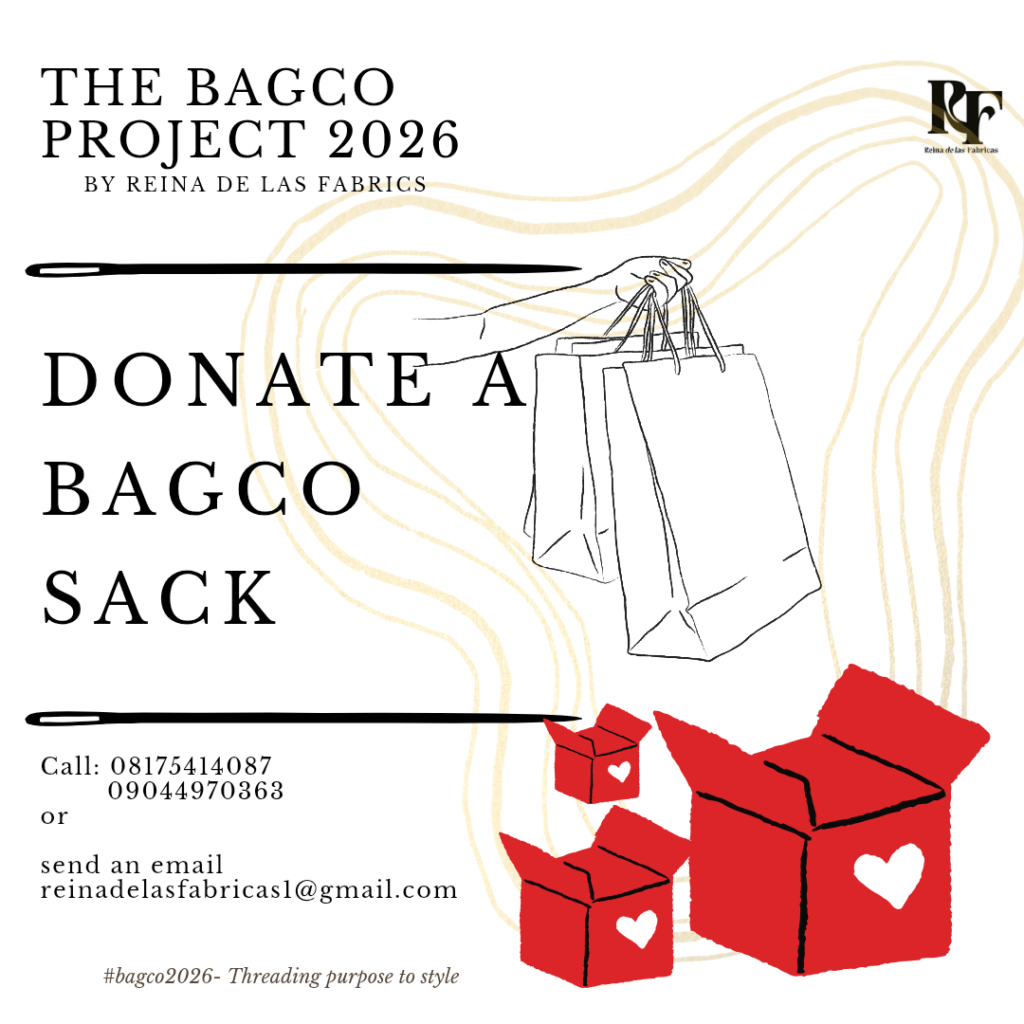 A call-to-action graphic for "The BagCo Project 2026" by Reina_de_las_fabricas, featuring hand-drawn illustrations of shopping bags and donation boxes with contact information.