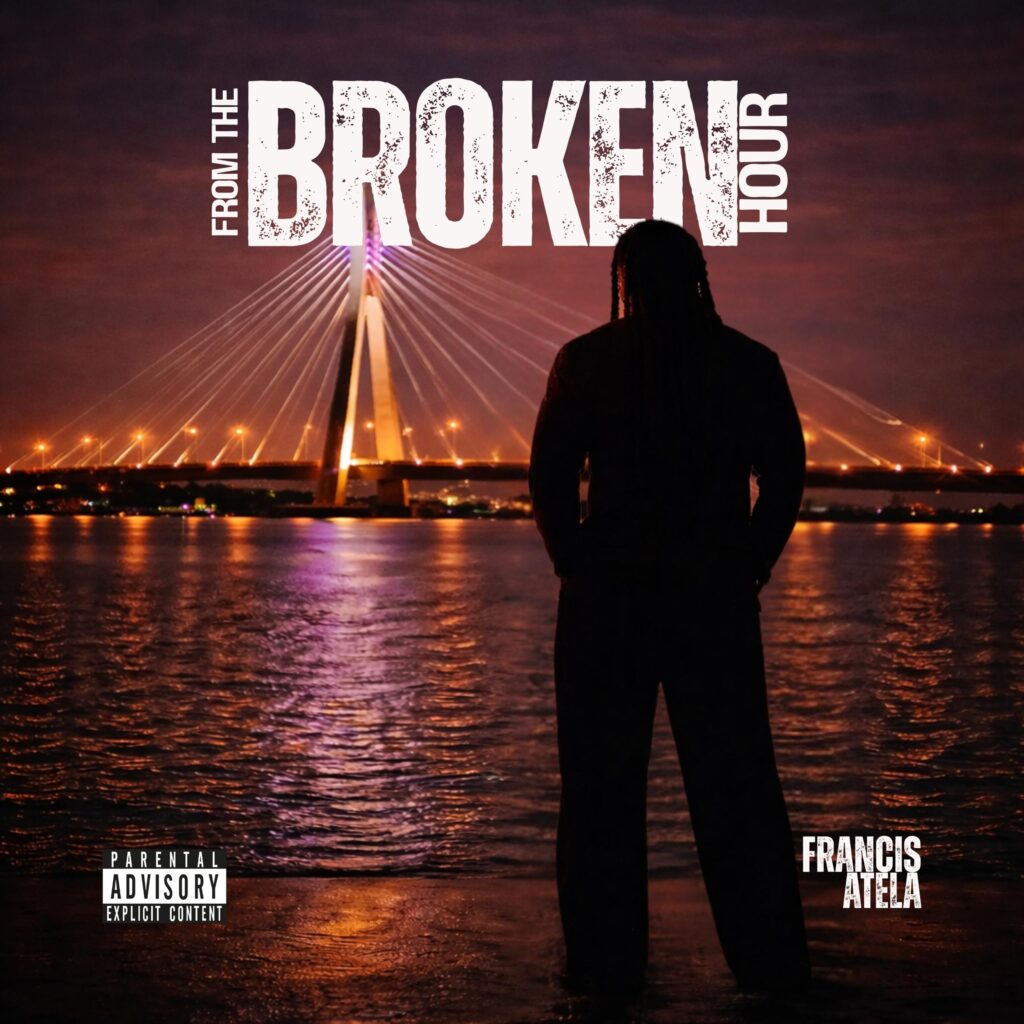 Official album cover artwork for From the Broken Hour by Nigerian folk artist Francis Atela, featuring a silhouette looking at a lit bridge over water at night.