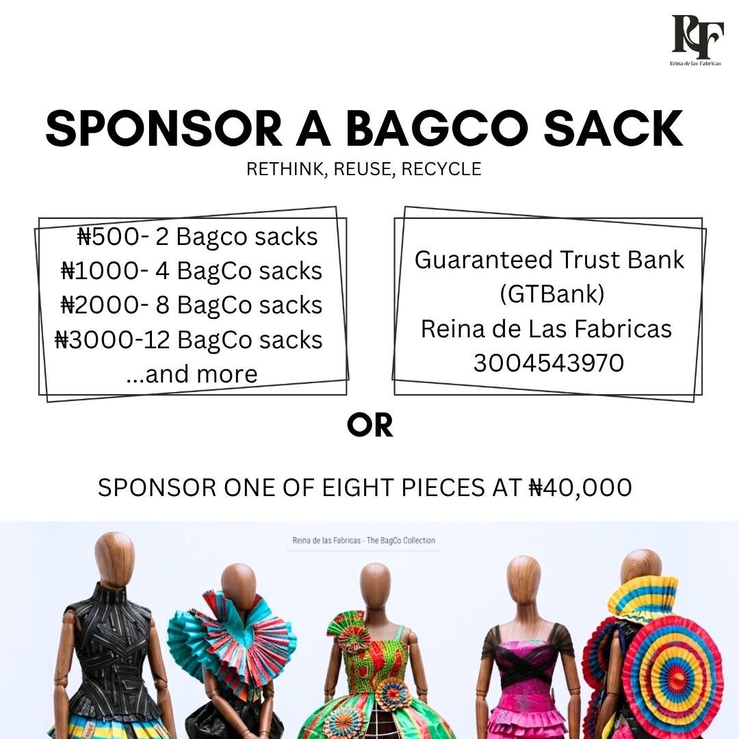 Promotional graphic for "Sponsor a BagCo Sack" initiative, featuring mannequins wearing avant-garde sculptural garments made from upcycled industrial polypropylene sacks.